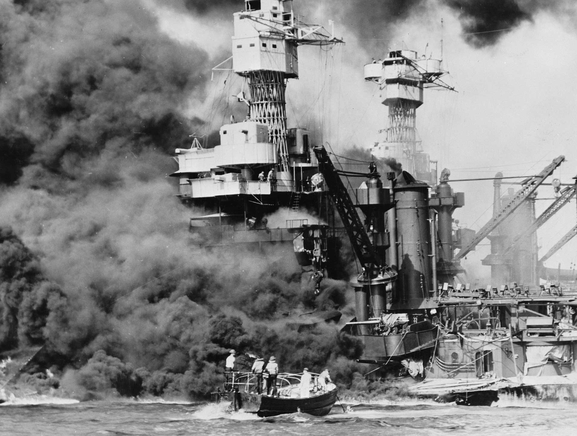 USS West Virginia burns at Pearl Harbor