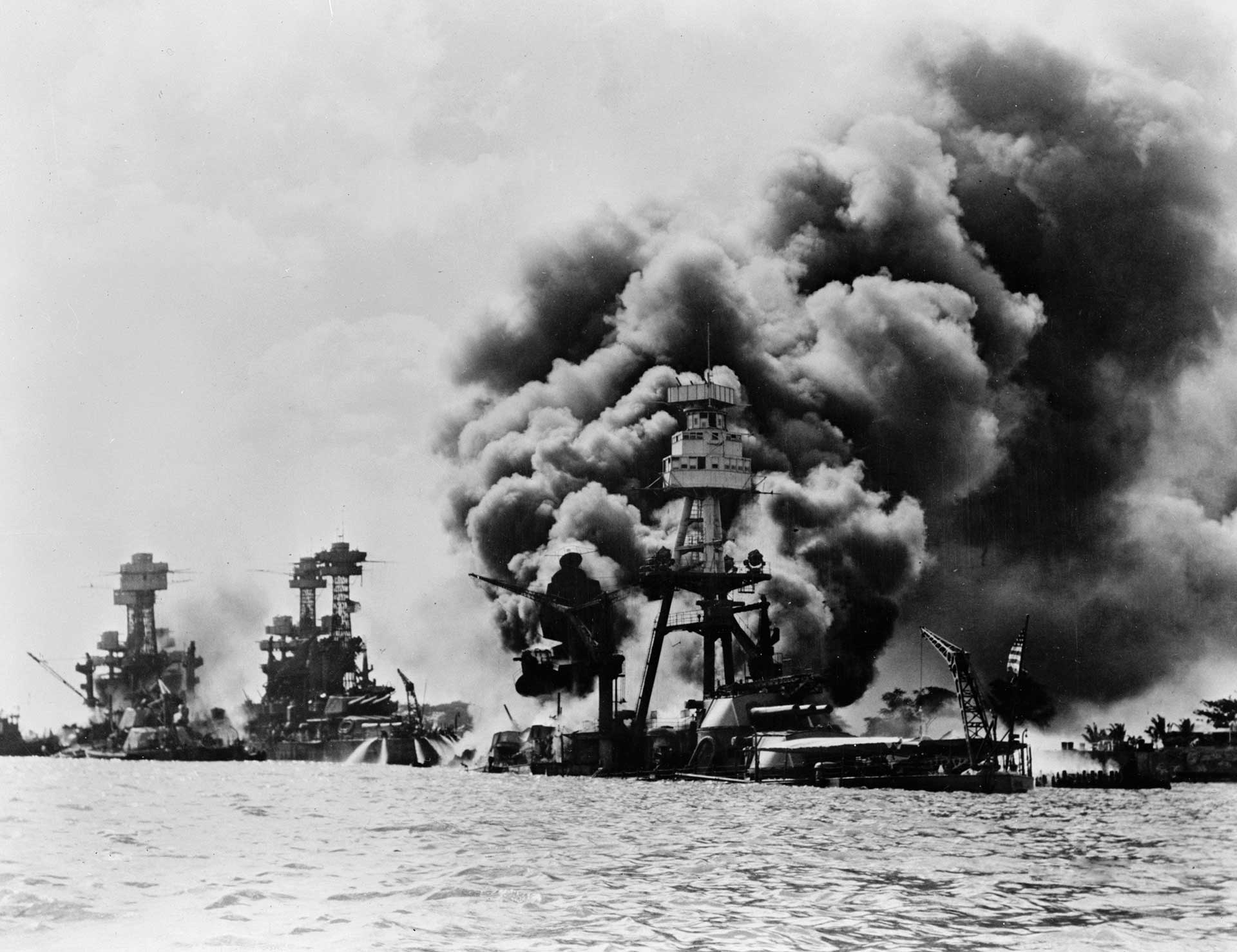 USS Arizona, Tennessee, and Viriginia burn in Pearl Harbor